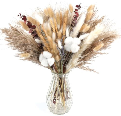 RumonZS Dried Pampas Bouquet Flowers Decoration 95pcs Brown White Natural Pampas Grass Plants Dried Bouquet Flowers Boho Wedding Decoration,Home Table Vase Decor for Room Farmhouse Party Decoration