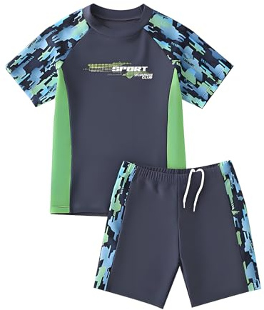 Maillot de Bain Enfant Garcon, Tee Shirt Anti UV et Short de Bain, 2PCS-ST02 (FR/ES, Âge, 6 Ans, 7 Ans, Taille Normale, Gris+Vert)