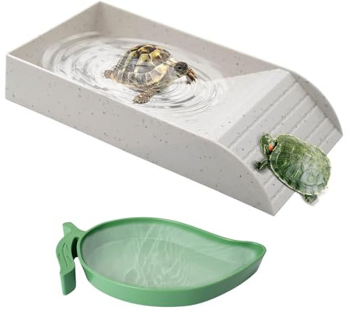 2 Pièces Gamelle à Eau pour Tortue, Baignoire pour Reptiles, Baignoire pour Reptiles avec Rampe, Bassin De Bain pour Tortue avec Bol, pour Animaux De Compagnie Rampants, Lézards (Blanc)