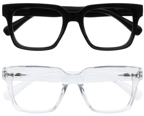 OPULIZE ERA Blaulichtfilter Lesebrille für Damen Herren - Entspiegelt & blendfrei - 2er-Pack UV400-Schutz - Großer rechteckiger Rahmen - Computerbrillen Gaming - Schwarz Klar - +1,00