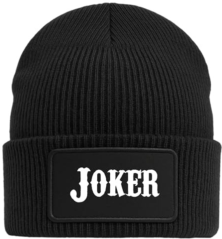 Huuraa Beanie Joker Schriftzug Geschenk | Black Geschenkidee Schwarze Rippstrick Wintermütze mit austauschbarem Klett Patch