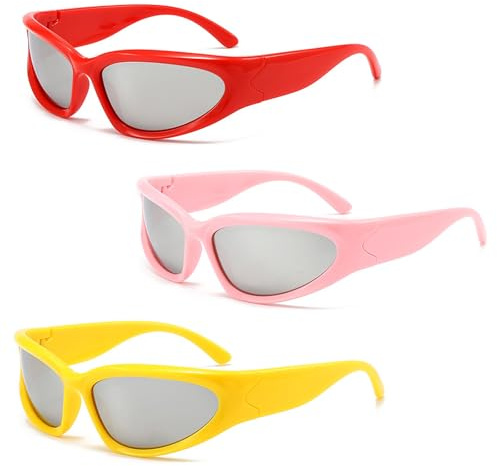 FOSDICK 3 Stück Rave Brille, Rave Sonnenbrille Damen, Raver Brille, Trendy Techno brille, Y2K Futuristische Sonnenbrillen, Wrap Around Sunglasses Woman, Sportbrille Damen mit UV Schutz