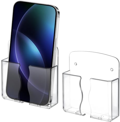 Bremorou 2 Pcs Wall Mount Phone Holder Clear Plastic Self Adhesive With Charging Hole Shelf Stand Cell Phone Wall Mount Bedside Practical Smartphone Accessories For Home Office