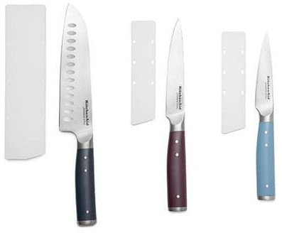 KitchenAid Santoku - Juego de 3 cuchillos, cuchillo utilitario, de pelar, cuchillas de acero inoxidable, cuchillos de chef con mangos coloridos, agarre ergonómico, aptos para lavavajillas