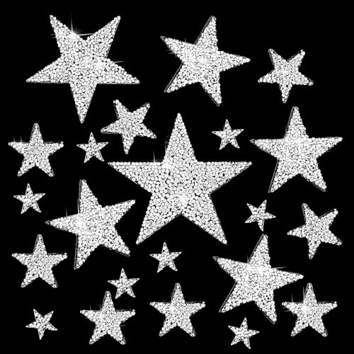 24 Pcs 5 Sizes Iron On Stars, Rhinestone Iron on Patches Star Stickers, Decorative Silver Stars Patches for Clothing Jeans Bags Hat Repair Decoration DIY Craft (Silver)