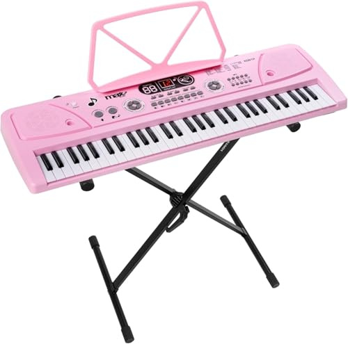 MAX KD61P - Digitales Kinderpiano 61 Tasten mit verstellbarem Ständer, wiederaufladbarer Akku, Mikrofon, LED-Display, Aufnahme, Rhythmen und Akkorde, ideal für Kinder und Anfänger