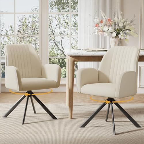 Ckaff Lot de 2 Chaises Pivotante Salle à Manger à 360° avec Accoudoirs, Chaises Salle à Manger, Chaise de Cuisine Rembourrées en Tissu Chenille pour Chambre à Coucher Cuisine Salon, Beige