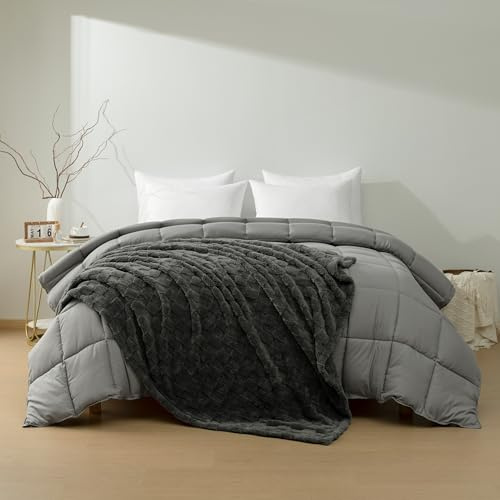 HIG 2 in 1 Bettdecke und Kuscheldecke Set, Grau Steppdecke 135x200cm 300gsm | Bettdecke ohne bezug, Dunkelgrau Sofadecke 150x200 cm, Oeko-TEX zertifiziert, Ganzjahresdecke, Daunenalternative, Waschbar