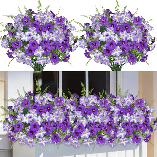 ZOCOYUU Künstliche Pflanzen, künstliche Blumen für den Frühling, Dekoration, Vase, Seide, Lila, Morgenglory mit Eukalyptus, UV-beständig, Grün für Hof, Garten, Fenster, Veranda, Terrasse, Zuhause, 9