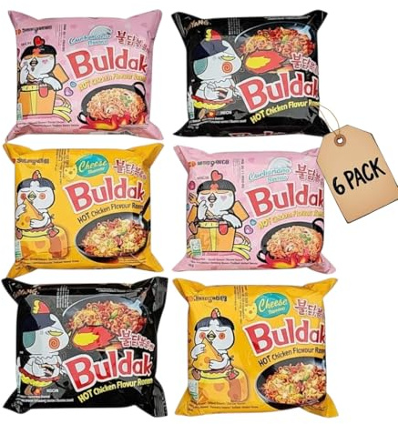 Buldak Noodles Halal Assorted 6 Pack| Premium Korean Instant Ramen Selection Hot Chicken Flavour | CarboNara Noodles, Cheese, Original Spicy | Excellent For Snack And Soups