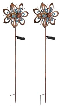 meineWunschleuchte 2er Set Solar Gartenstecker Windrad mit Erdspieß in Kupfer & Blau, Höhe 92cm