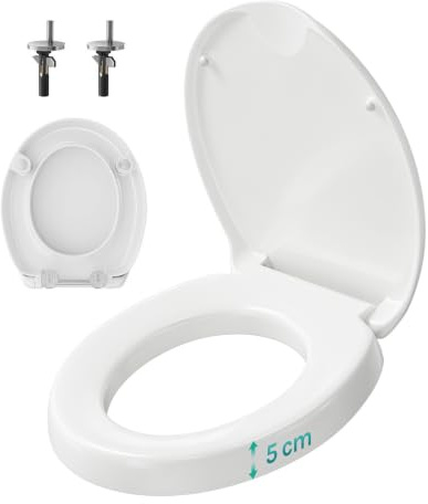 WOLTU WC Sitz Erhöhung 5cm mit Absenkautomatik Oval bis 300 kg belastbar | Toilettensitzerhöhung 5cm, Erhöhter toilettensitz für bequemes Sitzen, einfache Reinigung & Montag, Weiß