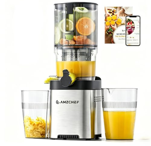AMZCHEF Entsafter Saftpresse Slow Juicer 130mm, Leise, Leicht zu Reinigen | Schnell Sauber, Gemüse & Obst Saft, Hohe Ausbeute, Trockener Trester, Leiser Lauf, Ganze Äpfel