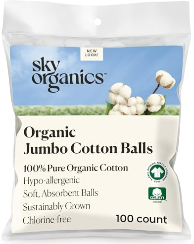 Sky Organics Organic Jumbo Cotton Balls for Sensitive Skin, 100% Pure GOTS Certified Organic for Beauty & Personal Care, 100 ct.