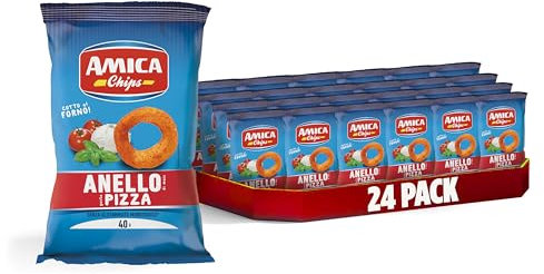 AMICA Chips | Pommes Frites Ring mit Pizza-Geschmack, Mais-Snack im Ofen, mit Sonnenblumenöl, 24 Stück x 40 g