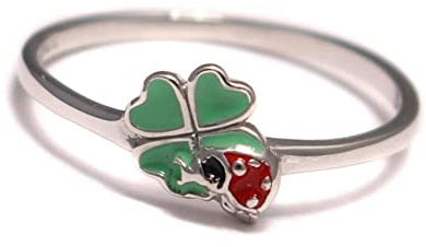 loveyourdiamonds Glücksbringer Kinder Ring aus 925 Sterling Silber mit Kleeblatt und Marienkäfer
