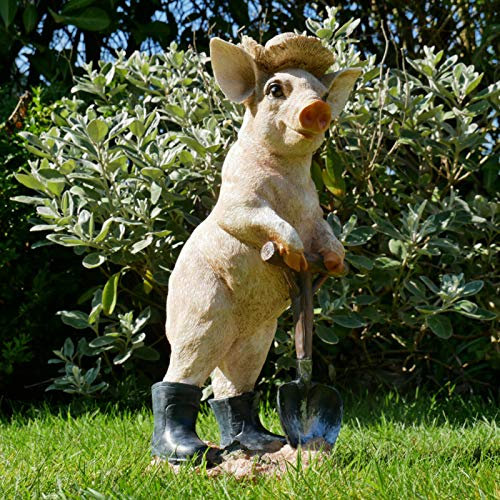 Gartenfigur Schwein mit Spaten aus Kunstharz, stehend, f�r den Au�enbereich