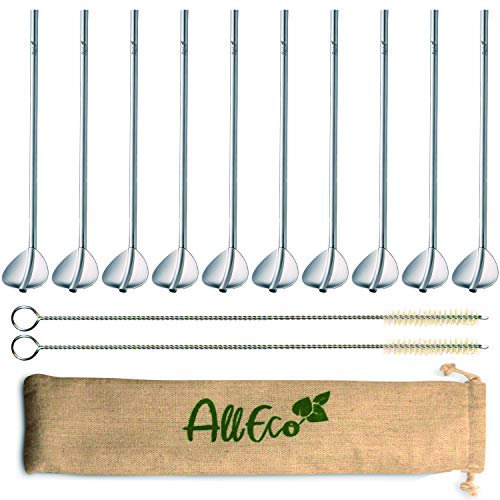 AllEco® Trinkhalmlöffel 10er Set Strohhalm wiederverwendbar Cocktail Latte Macchiato Löffel + 2 Reinigungsbürsten + Eco-Beutel - nachhaltig, umweltfreundlich & plastikfrei | Strohhalmlöffel