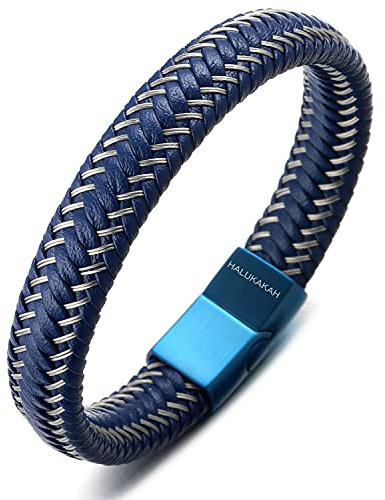 Halukakah ● Jazz ● Herren-Armband Handgefertigt | Echtleder Schwarz & Braun | Magnetverschluss Edelstahl | mit Stahldraht | KOSTENLOS Geschenkbox | Größe Einstellbar (Segel Blau 21.5cm)