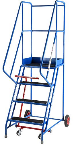 4 Tread Mobile Warehouse Steps | ANTI-SLIP STEP EN131-7 | 2m Portable Safety Ladder Stairs & Wheels – 1m Platform Height – Handrail & Guardrail Safe Picking – STRONG STEEL FRAME Easy Movement
