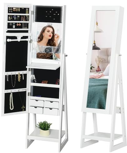 HOMCOM Jewellery Cabinet, Standing Mirror with LED Lights, Full-Length Mirror with Storage Drawers, Hooks and Shelves, Make-Up Armoire, Jewellery Organiser for Bedroom, White