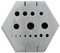 Rivetto in acciaio temprato. Con 15 fori diversi e fessure di diverse dimensioni. Superfici levigate. Dimensioni: circa 43 x 37 x 19 mm.