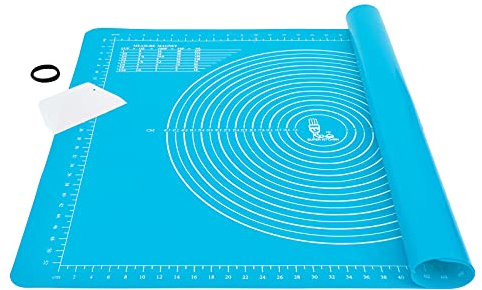 SUPER KITCHEN Rutschfeste Backunterlage Antihafte Backmatte Silikon Groß 71 x 51cm Teigunterlage Ausrollmatte XL Silikonmatte Fondant Pizza Teigmatte mit Teigschneider- Epoxidharz Resin Matte (Blau)