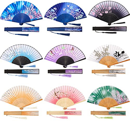 Jetec 9 Pieces Floral Folding Hand Fans Chinese Style Bamboo Folding Fan Handheld Fabric Folding Fan with Tassel Vintage Pattern Hand Fan Hollowed Bamboo Hand Holding Fan, 8.3 Inch (Assorted Styles)
