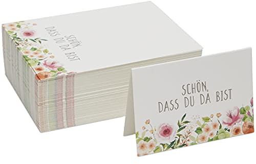 100 Stück Tischkarten Schön Dass Du Da Bist, Blumenmuster, Platzkarten, Namenskarten, DIN A7, 7,4 x 10,5 cm, Weiß