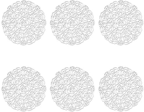 ASFINS Untersetzer Rose 6er Set, Silber Untersetzer Gläser Tischset Rund Vinyl Hohl Platzsets Abwischbar PVC Tischuntersetzer für Küche, Zuhause, Speisetisch (Silber, Stil L, 10cm)