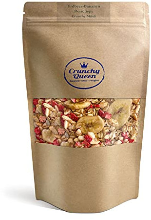 Crunchy Queen Erdbeer-Bananen Reiscrispy Granola Knuspermüsli | Handgemacht | Crunchy Topping für Smoothiebowl & Müsli | Vegan | Müsli ohne Zucker | 100% natürlich | (340g)