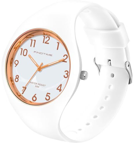 findtime Montre étanche pour femme - Montre de sport pour femme avec grand cadran et bracelet en silicone souple - Montre simple pour infirmière avec trotteuse - Blanc, noir, rose, Or rose blanc,