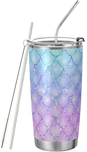 CaTaKu Vaso morado de 20 onzas con tapa y popote, de acero inoxidable, aislado al vacío, doble pared, mantiene la bebida fría y caliente, taza al vacío para coche