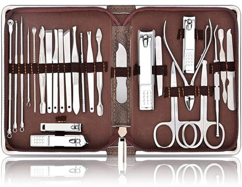 Coolzon Tagliaunghie Set Professionale, 26 Pezzi Set Manicure Tagliaunghie, Grooming Kit Strumenti per Manicure e Pedicure,Pulizia dei Tali, Sacchetti Zip Avanzati,Marrone