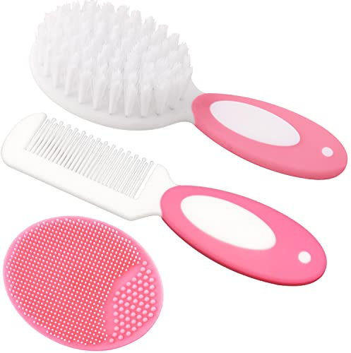Baby-Haarbürste, Wiegenhut-Bürste, Baby-Haarkamm, Baby-Haarbürste und Kamm-Set für Neugeborene & Kleinkinder, Baby-Bürste mit weichen Borsten, ideal für Wiegenhut, perfektes Baby-Liste-Geschenk (Rosa)
