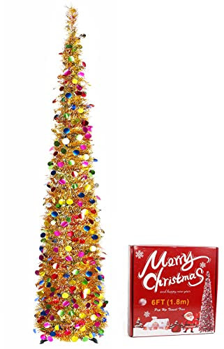 YHANEC Pop Up Christmas Tree 6ft Slim Tinsel Christmas Tree, Foldable Artificial Christmas Trees with Stand, Reusable Sequin Tree for Christmas Decorations, Home Office Decor (Gold)