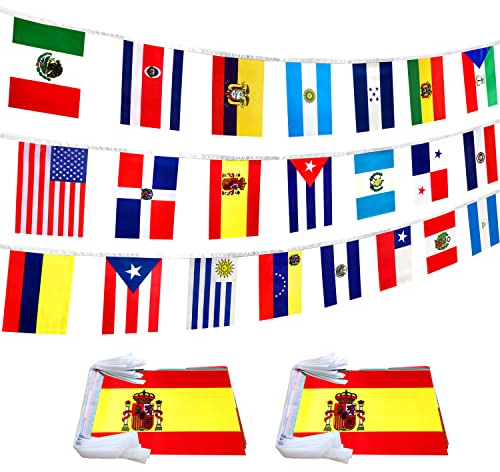 LoveVC Wimpelkette mit 22 Ländern, spanische Sprache, Banner für Klassenzimmer, lateinamerikanische Latino-Flaggen, 18 m, 2 Stück