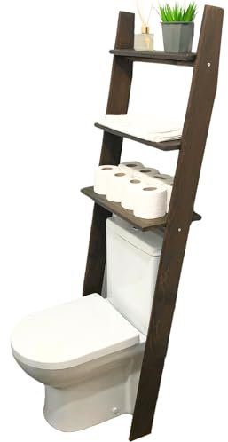 GENESIS WOODESIGN Over The Toilet Bathroom Organizer Shelves, 3-Tier Freestanding Above Toilet Storage Ladder Shelf, Standing Space Saver Behind Toilet Small Bathroom Organizer (Walnut)