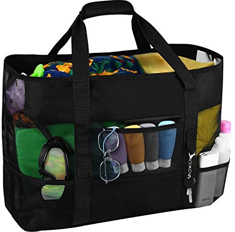 BBLIKE Strandtasche XXL Familie mit Reißverschluss Damen Groß Mesh Beach Bag Shopper Faltbare Schultertaschen Badetasche für Strand Reise Spielzeugaufbewahrung Fitnessstudio Schwarz