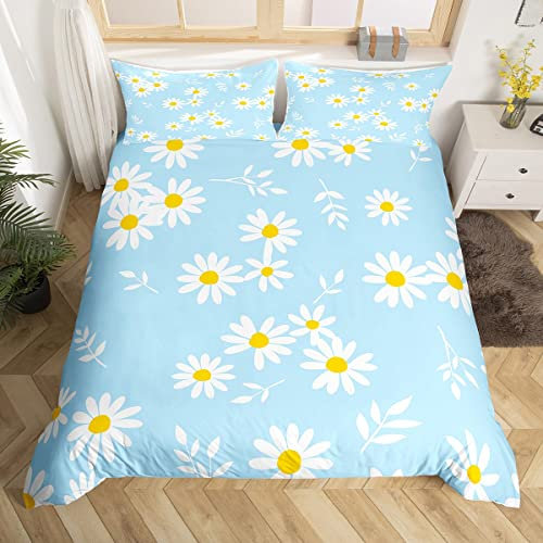 Daisy Duvet Cover Set King Size, White Flower Leaves Bedding Set 3pcs for Kids Boys Girls Bedroom Decor, Botanical Garden Artwork Comforter Cover Soft Polyester Quilt Cover with 2 Pillowcases
