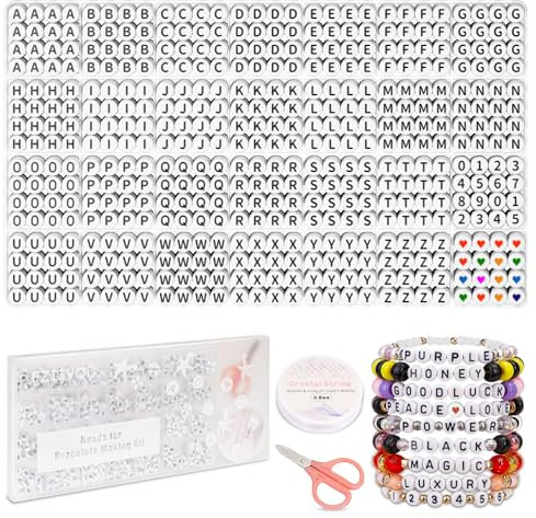 FZIIVQU 1450 Pieces Letter Beads Kit, 4x7 mm White Acrylic Alphabet Beads Letter Beads for Jewelry Making Number Beads Heart Beads Friendship Bracelet Beads Making, Black Letter & White Base (BH28-2)