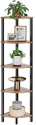 VIMBER Corner Shelf, 5-Tier Corner Bookshelf, Industrial Corner Ladder Shelf, Rustic Display Shelf for Living Room, Bedroom, Kitchen, Home Office, Rustic Brown and Black UJSJ001H