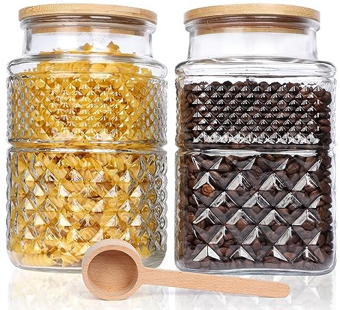 ZgoEC 2L Large Glass Storage Jar with Holz Lid, 2 Pack Textured Large Capacity Glass Canisters, Airtight Kitchen Storage Jars for Coffee Bean, Spaghetti, Cookie, Cereal, Flour, Sugar, Tea, Nuts