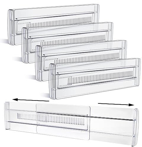 Yafe Drawer Dividers, 4 Pack Clear Drawer Organisers 3.2 High Expandable from 11.3-20 Adjustable Plastic Drawers Separators Drawer Dividers for Clothes Baby Utensils Cutlery Kitchen Drawer Organiser