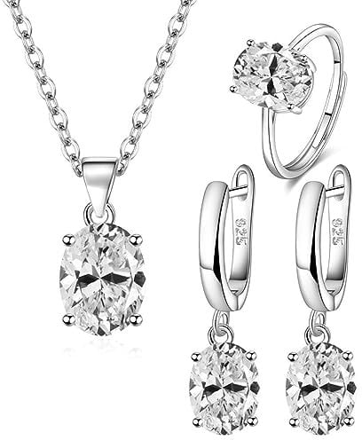 TOEECY Schmuckset für Damen und Mädchen Kristalle 925 Silber Versilbert Anhänger Halskette Ohrringe Ringe Set Schmuck Set Zirkonia Geschenk Brautschmuck(Weiß)