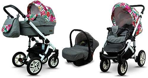 BabyLux® Kinderwagen Set 3 in 1 - Sky Lark - incl. Babywanne, Buggy Sportsitz, Auto-Babyschale - Autositz - Kinderwagenset - Kombikinderwagen mit Wickeltasche, Regenschutz usw.