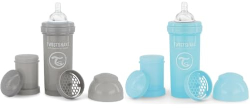 2x Twistshake Biberon en Plastique avec Valve Anti Colique pour Bébé Tétine Souple en Silicone Débit Moyen, 260 ml, 2 Mois et +, Bleu Pastel & Gris Pastel