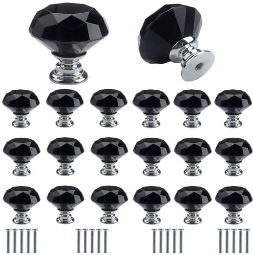 Roellgs 20 Piece 30mm Black Crystal Glass Diamond Door Handle with Screws, High-end Light Luxury Handle Wardrobe Drawer Handle Single Hole Handle Home Decoration