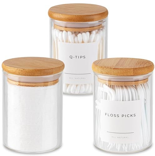Mini Glass Apothecary Jars, Container Set, Bathroom Organizers and Storage, Bathroom Decor, with Bamboo Lids, Small Kitchen Containers, For Cotton Balls, Pads and Swabs, 10 oz, Set of 3
