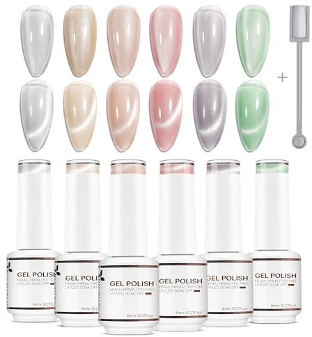 Nicedeco Cat Eye UV Gel Set 6 Farben Cat Eye Gel mit 1 Magnet 8ml Katzenauge Nagellack Soak Off Gel Nagellack Cat Eye Magnetic Set 6-32